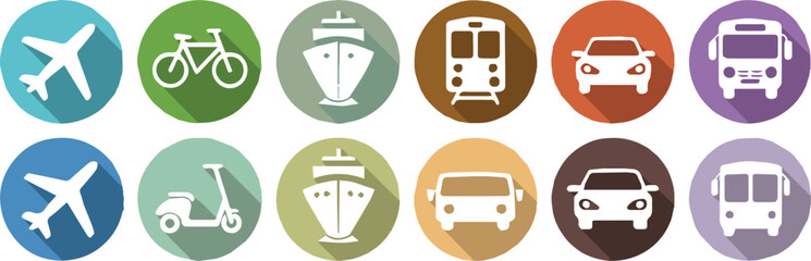 transportation icons set flat circular silhouettes airplane bicycle ship train car bus scooter vector ai eps jpeg png