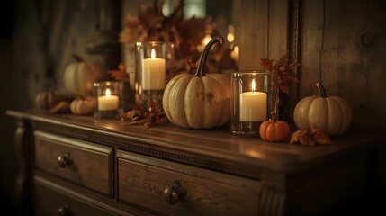 Halloween decor with candles, pumpkins, dried leaves, and lanterns glowing warmly on wooden chest