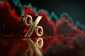 Gilded percentage symbol against a backdrop of declining stock market trends