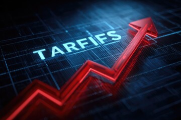 A glowing red arrow pointing upward overlays the word "TARIFS" on a digital circuit board