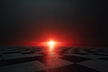 A checkerboard floor perspective leads to a fiery horizon. The sky darkens as a sun bursts with energy