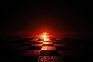 Abstract perspective of a checkered floor leading towards a fiery horizon