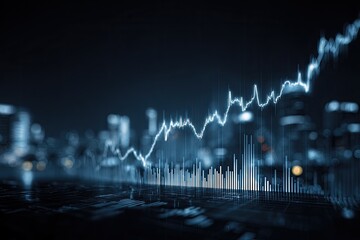 Blue line graph shows upward trend over blurred cityscape, night, abstract business concept