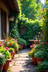 Naklejka premium A vibrant and lush patio garden overflowing with colorful flowers, herbs, and succulents in various pots and planters, creating a tranquil outdoor oasis , wall garden, peaceful