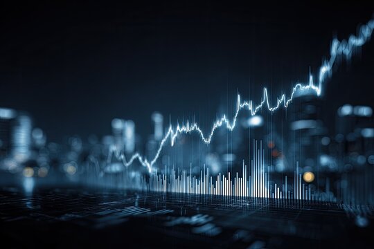 Blue line graph shows upward trend over blurred cityscape, night, abstract business concept