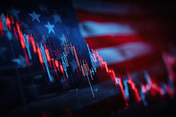 Blurred background of the American flag overlaid by stock market's fluctuating financial data