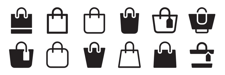 minimal shopping bag icons 12 black and white vector designs tote paper carrier handles tag and upload arrow glyphs
