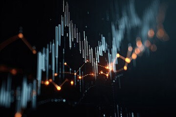 Abstract dark digital visualization with a financial theme, data lines & bars