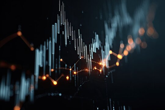 Abstract dark digital visualization with a financial theme, data lines & bars