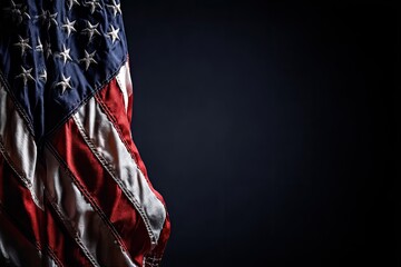 A draped United States flag, with its iconic stars and stripes, against a dark, evocative background