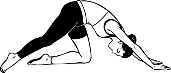 Monochrome woman in wide-legged forward bend yoga pose deep stretch
