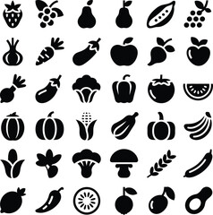 Fruit and vegetable silhouette icon set with strawberry, grape, pear, apple, carrot, onion, pepper, corn, and tropical produce