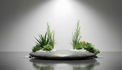 Modern zen-inspired stone podium with lush green plants and pebbles, illuminated by a spotlight for product presentation