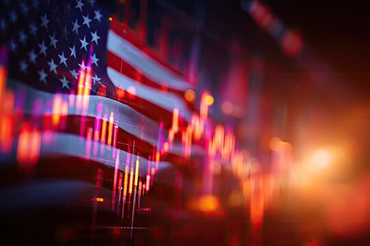 American flag overlaid by financial data, with chart lines and glowing lights