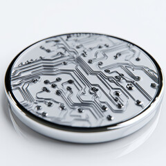 A sleek, circular object with a circuit board design, showcasing intricate lines and components in a shiny metallic finish.
