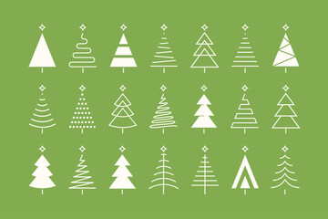 Obraz premium set of minimalistic green christmas tree line flat icon element, abstract geometric winter pattern, icons editable stroke, trees symbol for new year, Christmas design cards, poster, banner vector Xmas