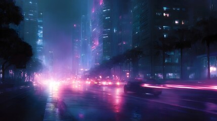 Fototapeta premium Futuristic city street at night illuminated by vibrant neon lights with cars creating light trails on wet asphalt