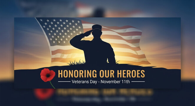 Silhouette of soldier saluting with american flag for veterans day