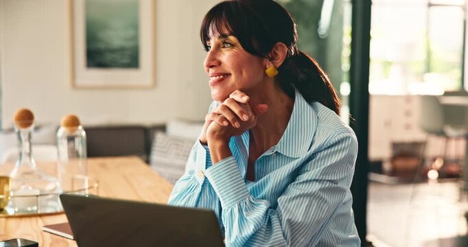 Online education, teacher and happy woman with laptop in house, virtual class and proud of students grade. Elearning, course success and mature educator with pc, satisfaction and exam achievement