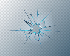 Realistic shattered glass texture with sharp cracks and bullet holes. Transparent broken window background with fracture and crash effect. Abstract 3D design for damage overlay.