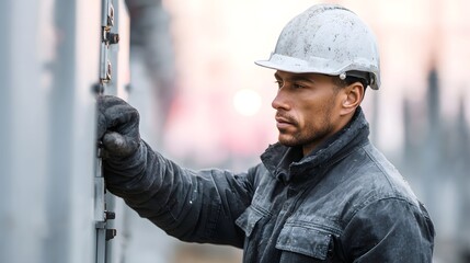A focused male worker in a hard hat and work clothes is inspecting or adjusting industrial equipment outdoors during morning light
