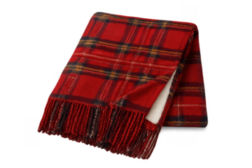 Red tartan plaid blanket with fringe on transparent background
