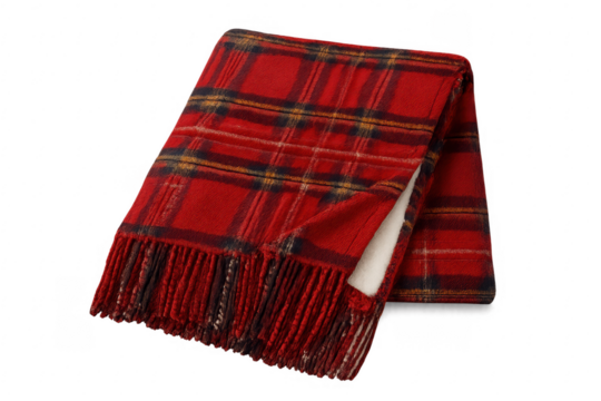 Red tartan plaid blanket with fringe on transparent background