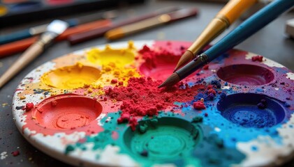 Obraz premium Vibrant Paint Palette Explosion Artistic Creation, Passionate Energy, Colorful Brushes