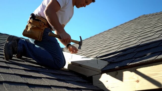 Skilled roofer installs new shingles on a residential house roof with a hammer