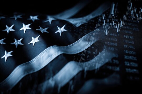 A dark overlay of a US flag with a stock market graph, in shades of blue and black