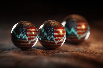 Three spherical objects feature the American flag with overlaid financial data, on a textured surface