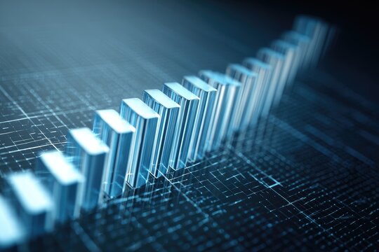 Abstract depiction of a staircase of glass blocks ascending on a grid background, digitally rendered