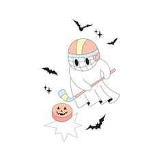 Spooky Halloween Ghosts Playing Hockey Illustration, Cute Sporty Vintage Aesthetic Clipart for T-Shirt Design, Scrapbooking and Stickers