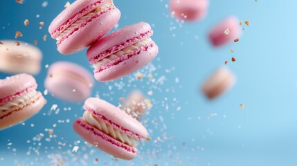 Colorful macarons flying in the air with sweet decorations on a pastel blue background