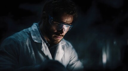 Fototapeta premium A focused scientist wearing safety goggles examines a task intently in a dimly lit laboratory embodying scientific dedication