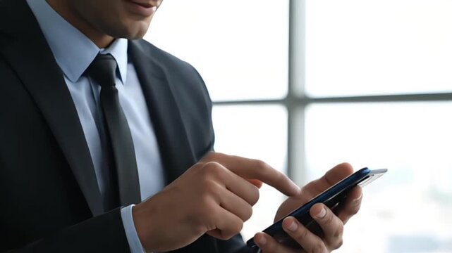 Close-up of a professional businessman in a dark suit actively using a smartphone swiping through apps or typing messages showcasing modern mobile technology us