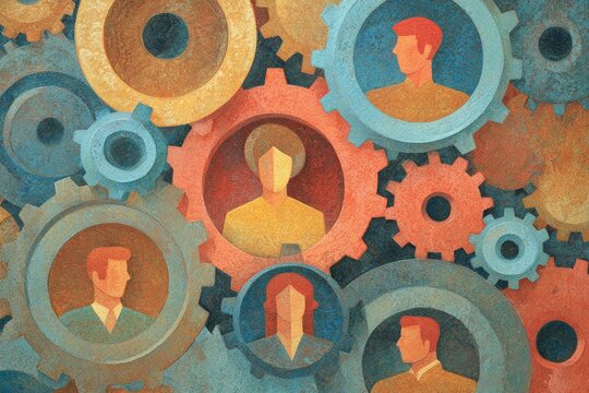 Abstract illustration of various people inside interconnected gears, representing teamwork - Powered by Adobe