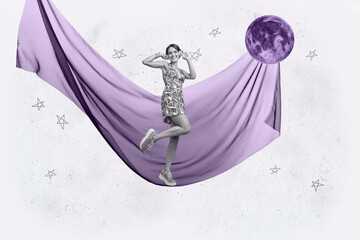 Full 3d poster art collage of happy girl guy stand space galaxy moon planet cosmos discovery...