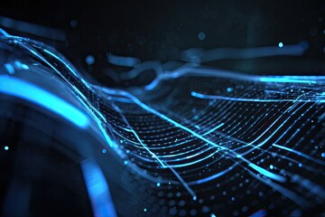 Abstract blue waves of light, particles and lines, with blurred background, dark space