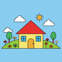 Simple hand drawn sketch illustration of a charming countryside home with natural surroundings and a peaceful rural atmosphere