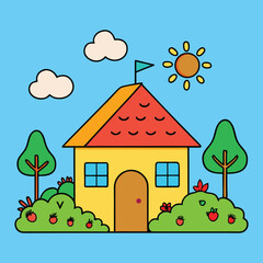 Charming hand drawn illustration of a quaint house featuring a bright orange roof and cozy atmosphere