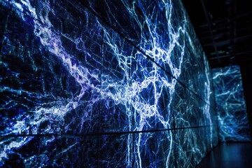 Electrifying digital display on a wall, with a web of blue and white lines over dark background