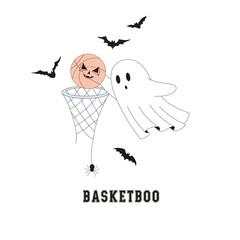 Spooky Halloween Ghost Playing Basketball Illustration, Cute Sporty Vintage Aesthetic Clipart for T-Shirt Design, Scrapbooking and Stickers