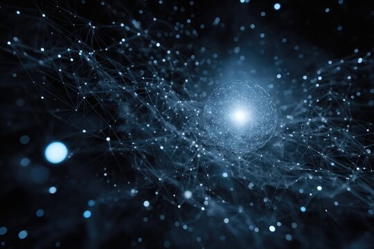 Abstract representation of network connections surrounding a luminous sphere in deep space