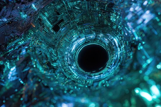 A futuristic tunnel interior, glowing with blue and green lights, leading toward a dark portal