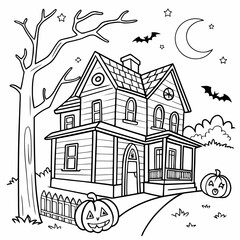 A black and white outline illustration of Halloween Coloring Page with Haunted House Pumpkins Ghosts Bats and Stars