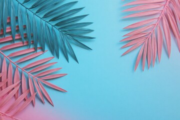 Pastel gradient background with palm leaves, in teal and pink tones. Simple, artistic, serene composition