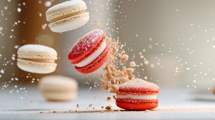 Delicious floating macarons with powdered sugar and crushed nuts in a vibrant kitchen setting