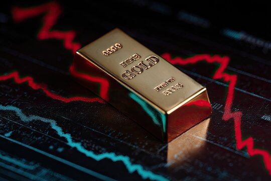 A shiny gold ingot sits atop a financial data chart with fluctuating red and blue lines