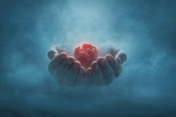Human hands cradle a glowing red object amid smoky blue atmosphere, abstract and ethereal